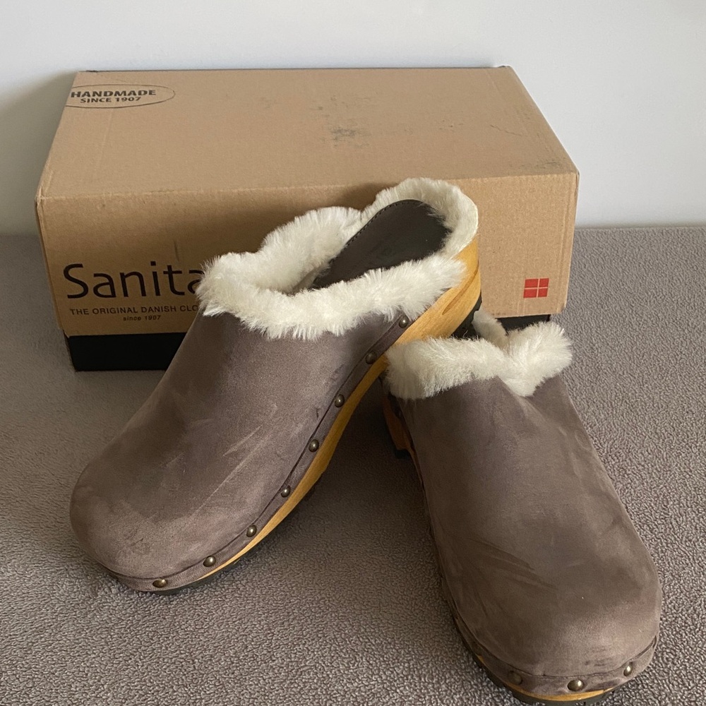 Sanita Gray Suede Shearling-Trim Clogs